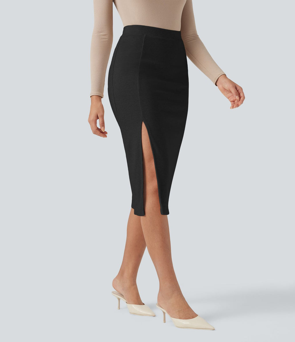 Jupe mi-longue moulante fendue taille haute