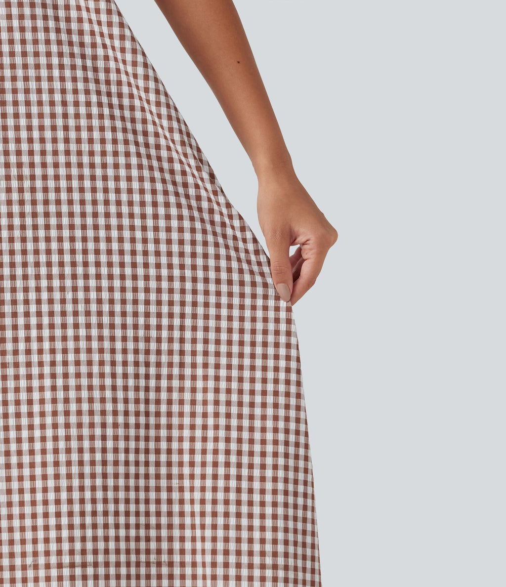 Robe débardeur midi décontractée col rond sans manches en vichy froissé avec poches