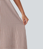 Robe débardeur midi décontractée col rond sans manches en vichy froissé avec poches