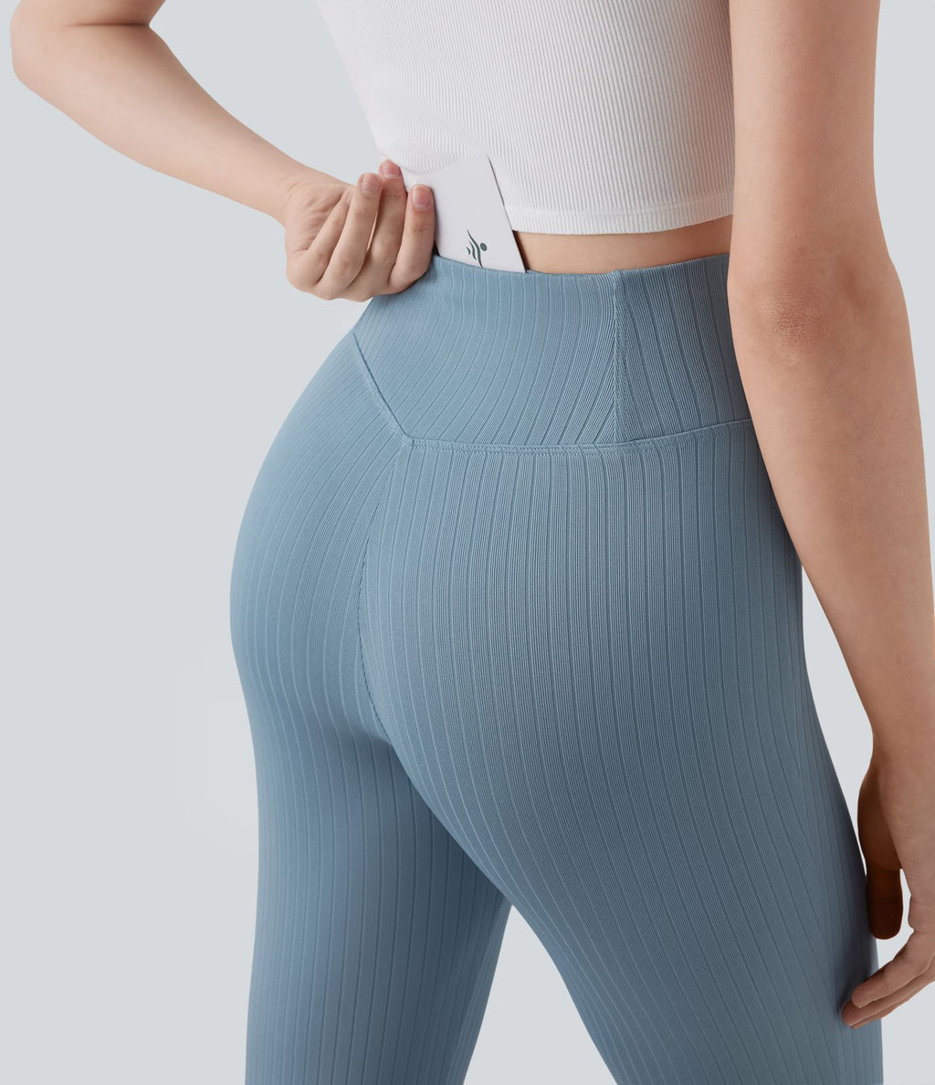 Pantalon large fluide côtelé à taille haute croisée avec poche arrière
