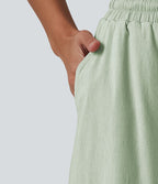 Pantalon large fluide en lin stretch taille haute avec cordon de serrage et poches