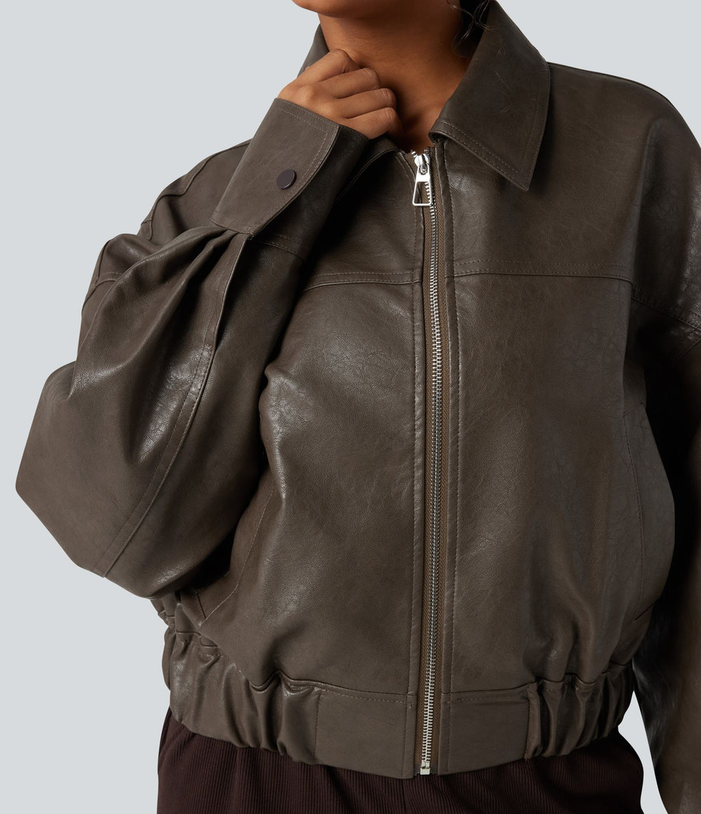Veste décontractée en tissu enduit à fermeture éclair et manches longues avec poches