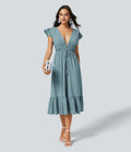 Breezeful™ Robe Midi Séchage Rapide Demoiselle d'Honneur et Invitée de Mariage Encolure en V Profond Manches Papillon Dos Nu Nœud Poches Latérales Ourlet à Volants