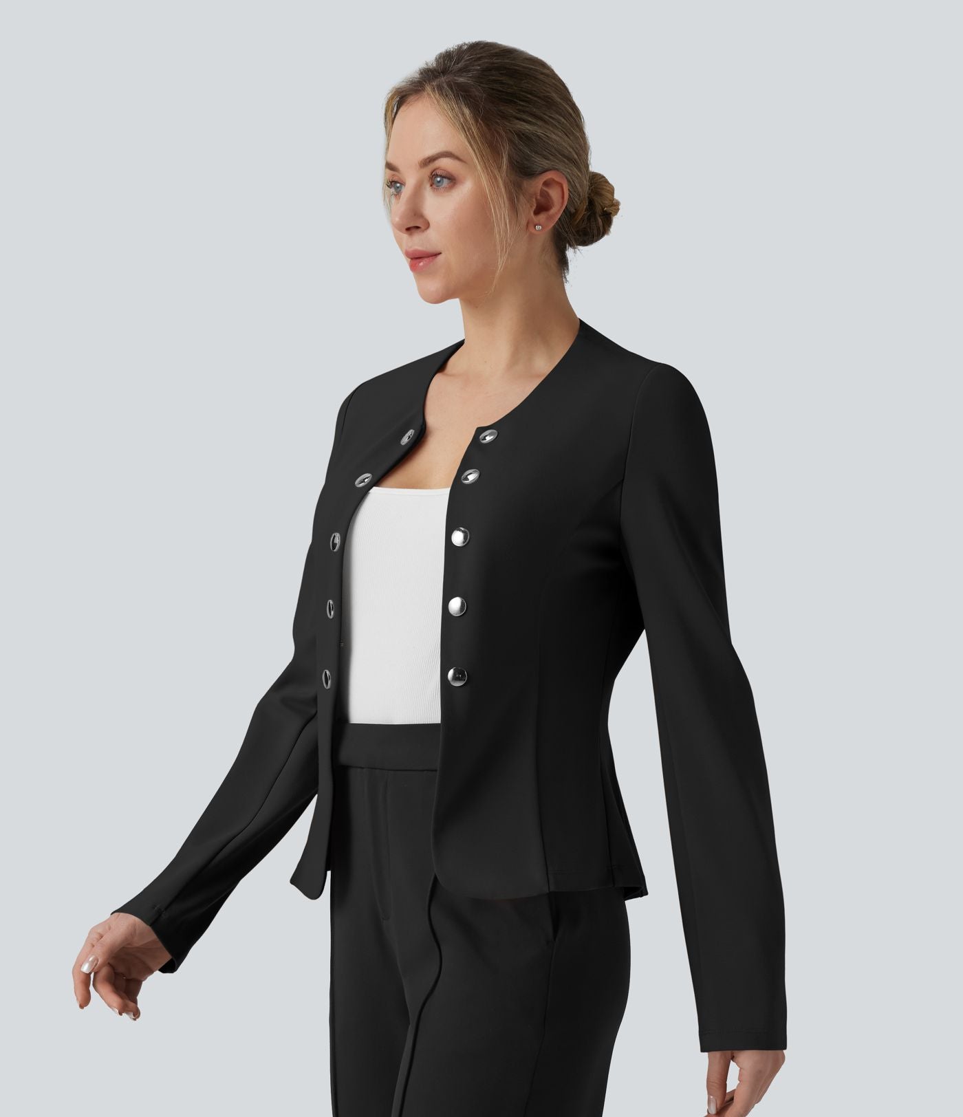 Blazer de travail col rond boutons décoratifs ourlet plissé