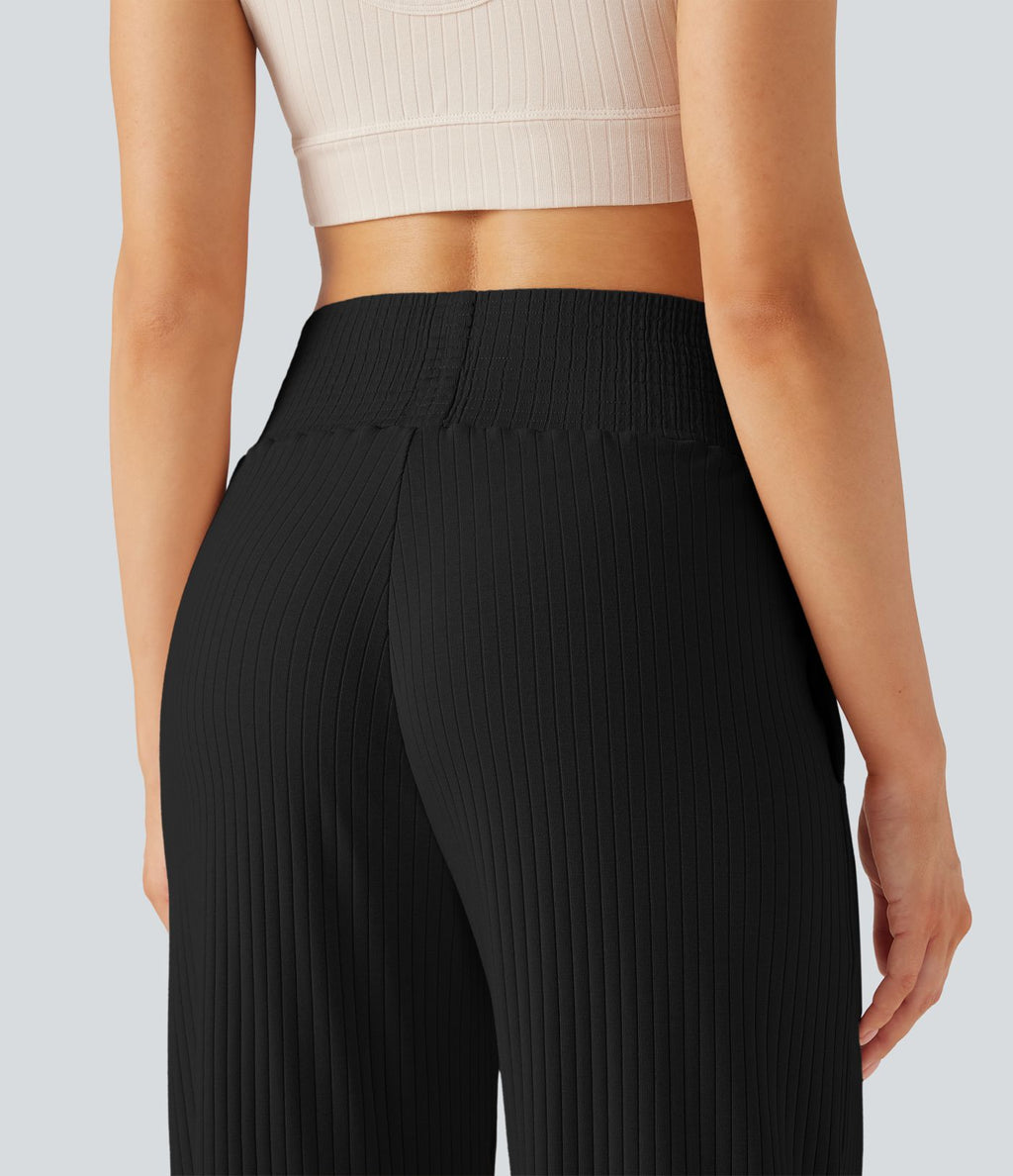 Pantalon décontracté maille côtelée taille haute avec poches