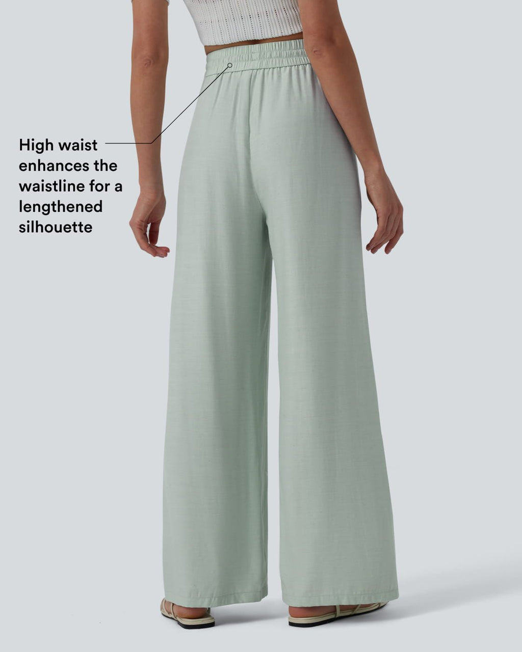 Pantalon casual large fluide mélange lin taille haute avec cordon de serrage et poches