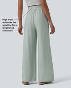 Pantalon casual large fluide mélange lin taille haute avec cordon de serrage et poches