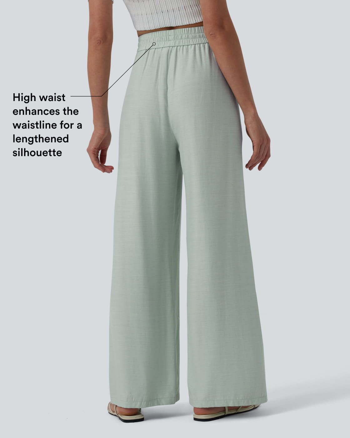 Pantalon casual large fluide mélange lin taille haute avec cordon de serrage et poches