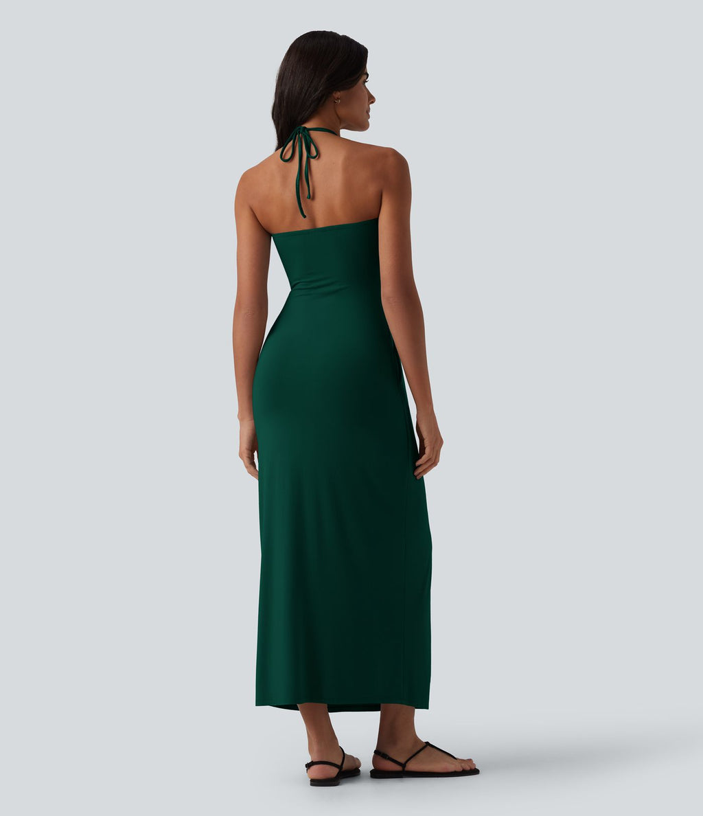 Robe longue dos nu col licou avec nœud et poches