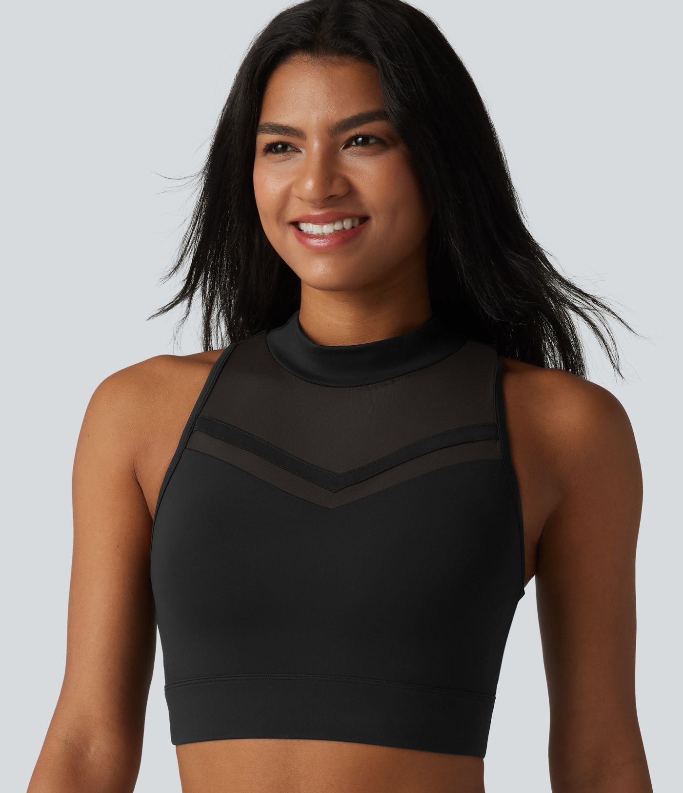 Brassière de sport yoga SoftlyZero™ Airy dos nageur col cheminée mesh contrastant coques non amovibles effet frais InstantCool, protection solaire UPF50+