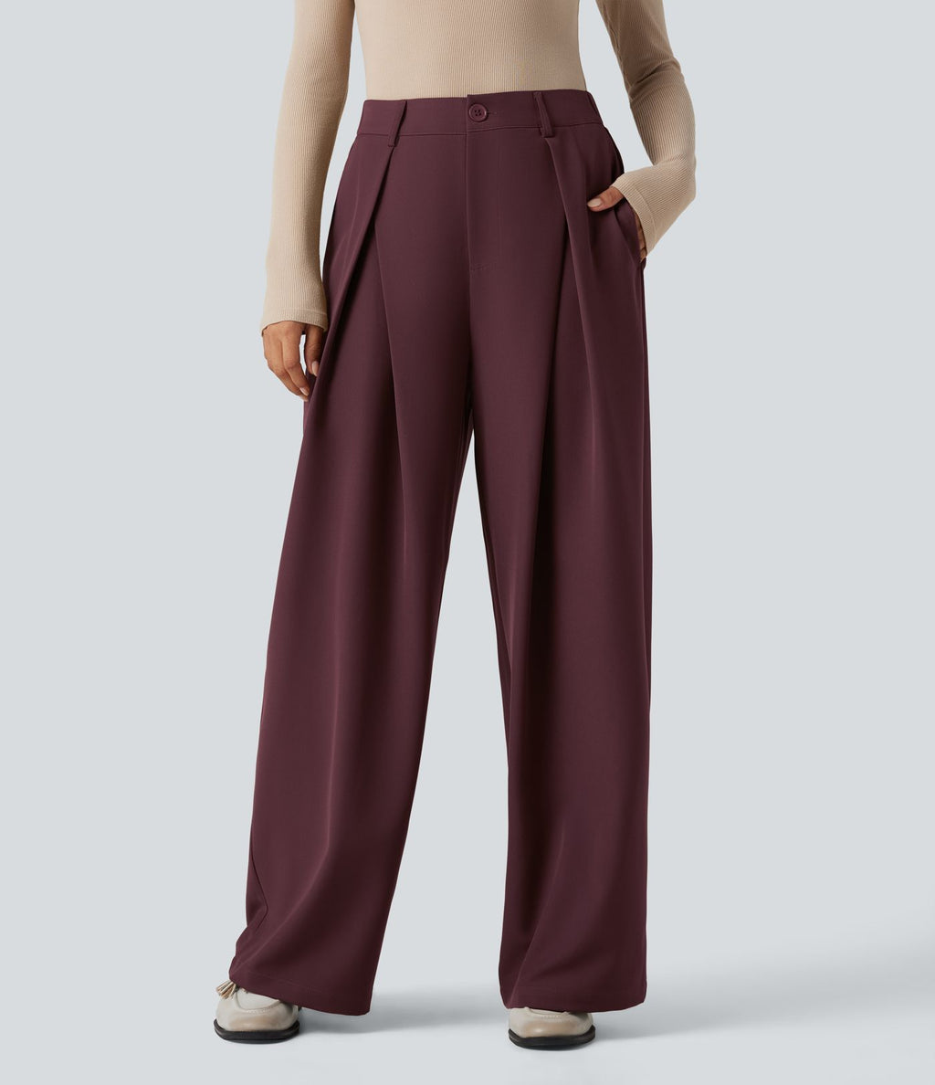 Pantalon tailleur large, taille haute, à poches