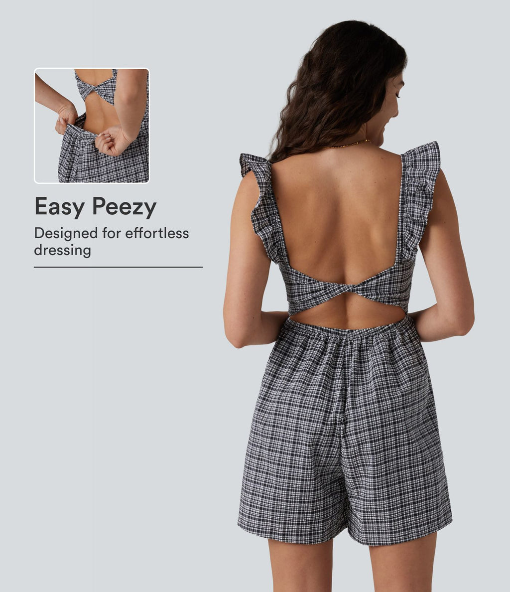 Combinaison short décontractée dos nu torsadé à volants carreaux froissés avec poches, séchage rapide - Easy Peasy