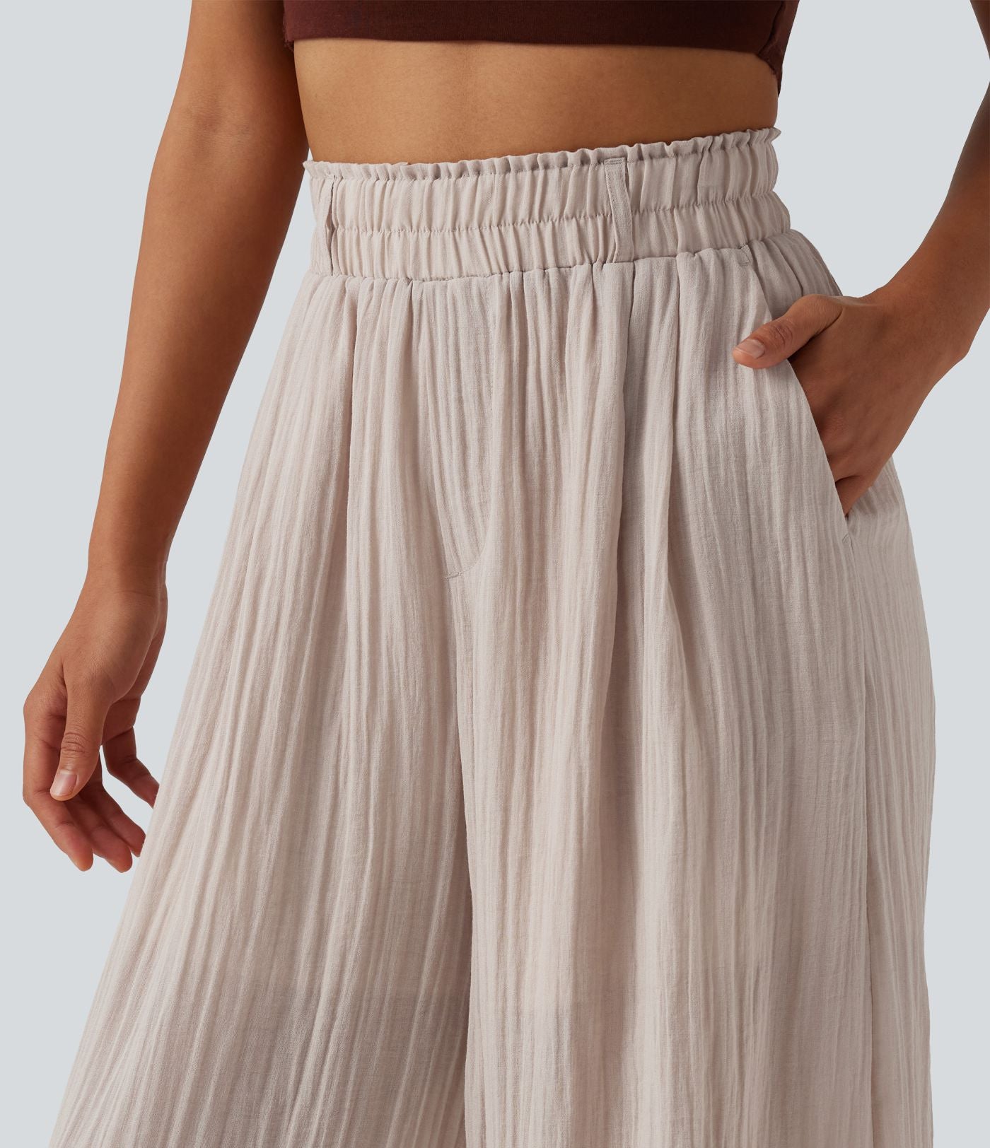 Pantalon fluide ample décontracté taille haute avec poches