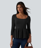 Haut babydoll décontracté en maille côtelée col en U manches 3/4