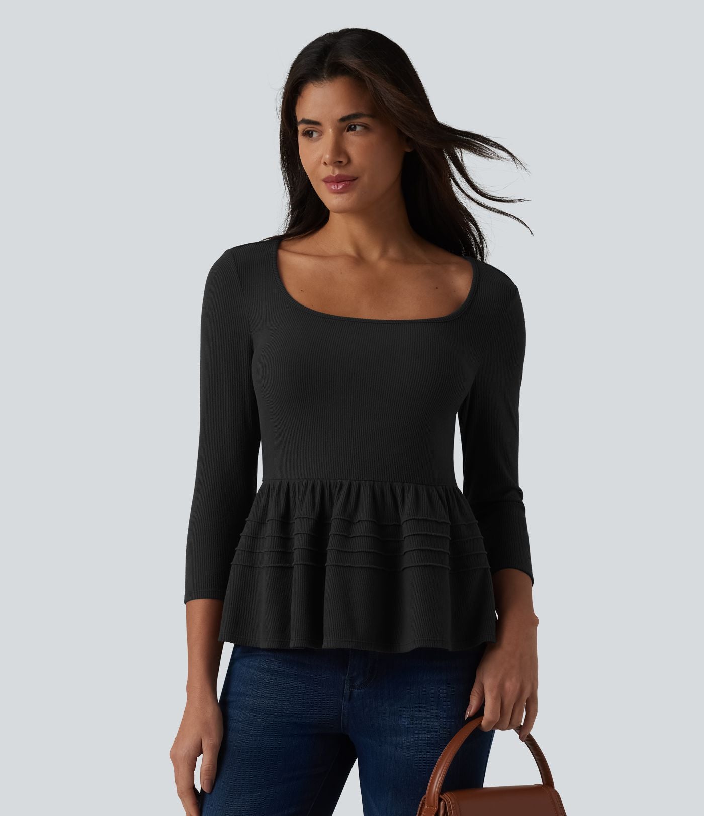 Haut babydoll décontracté en maille côtelée col en U manches 3/4