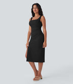 Robe moulante mi-longue SoftlyZero™ Airy col carré corset froncée effet frais InstantCool, bonnets E-G
