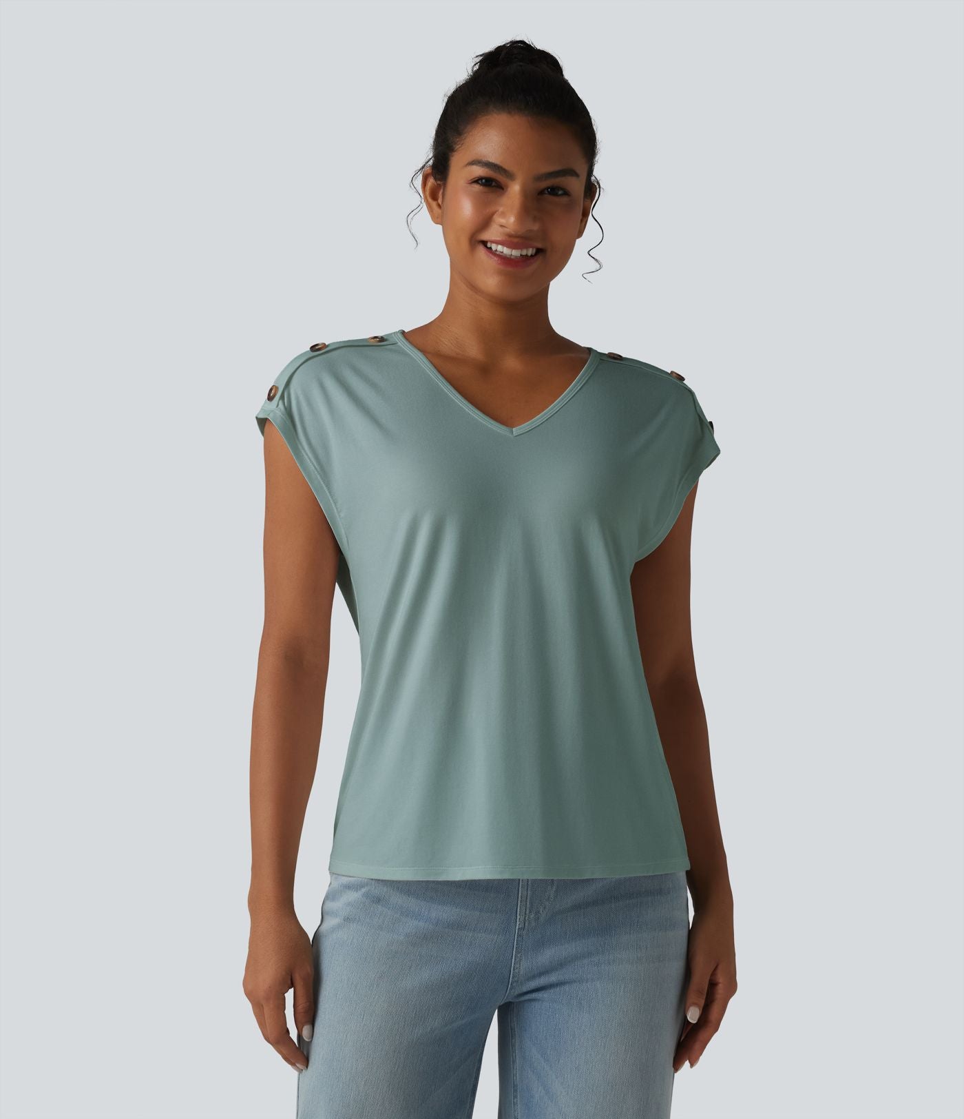 T-shirt décontracté col V manches courtes boutons décoratifs
