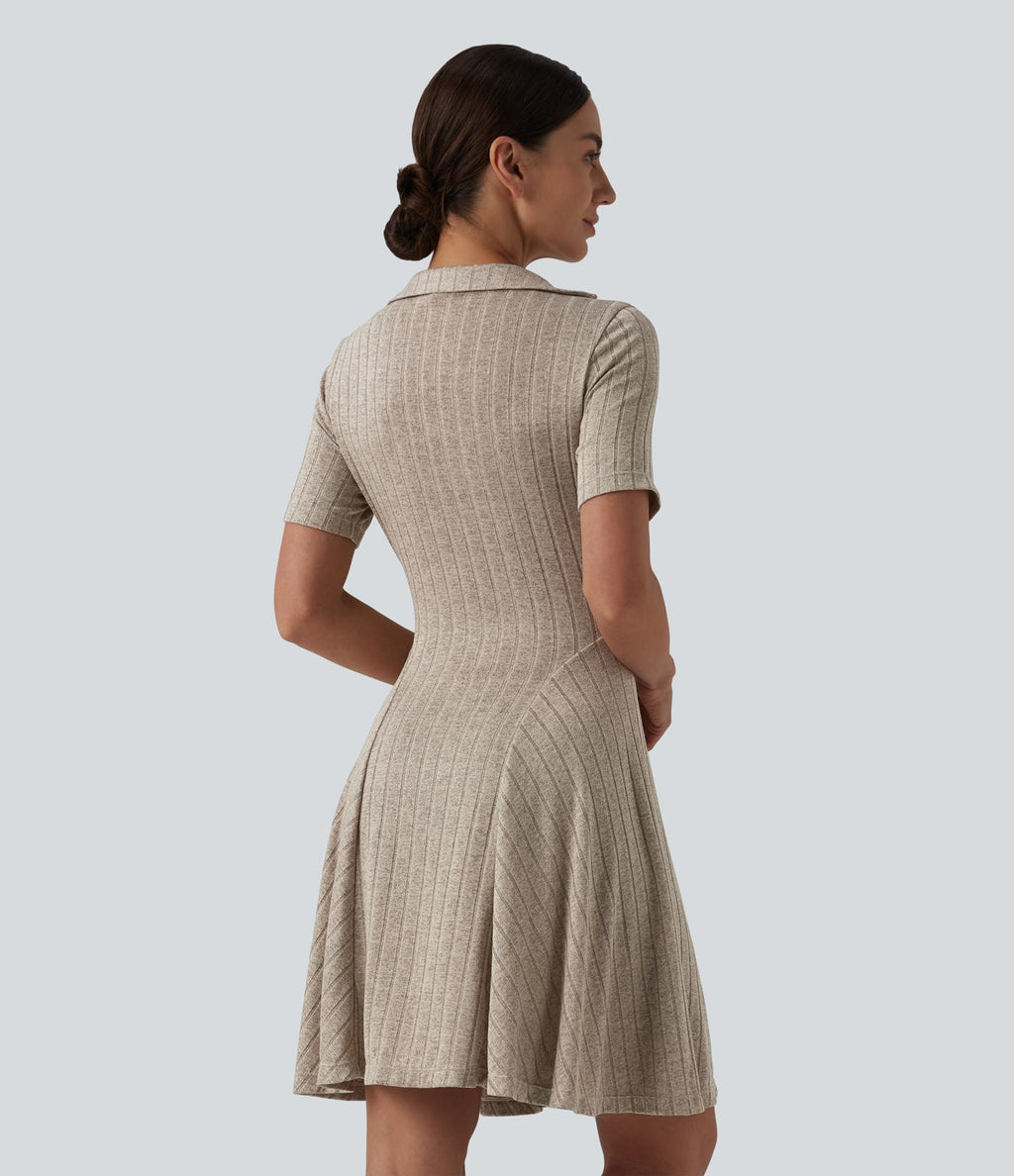 Robe mini casual évasée col V manches courtes en maille côtelée