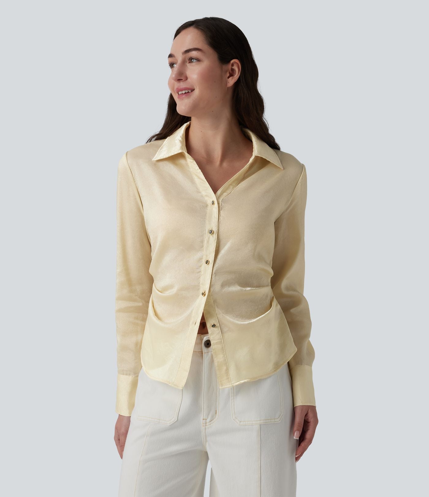 Chemise décontractée ajustée col V manches longues ourlet arrondi