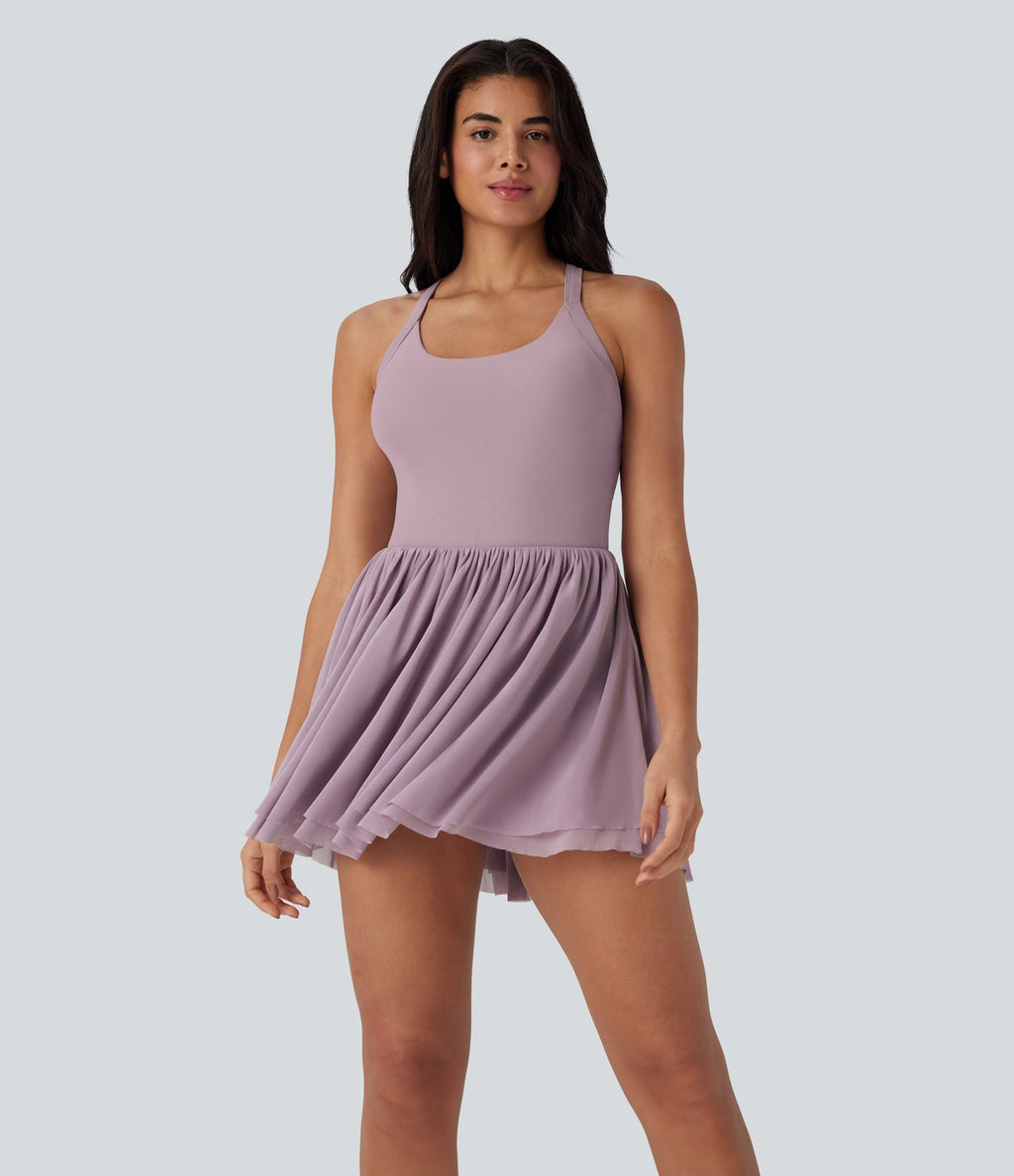 Robe de danse courte 2-en-1 dos nu torsadée résille avec poche latérale