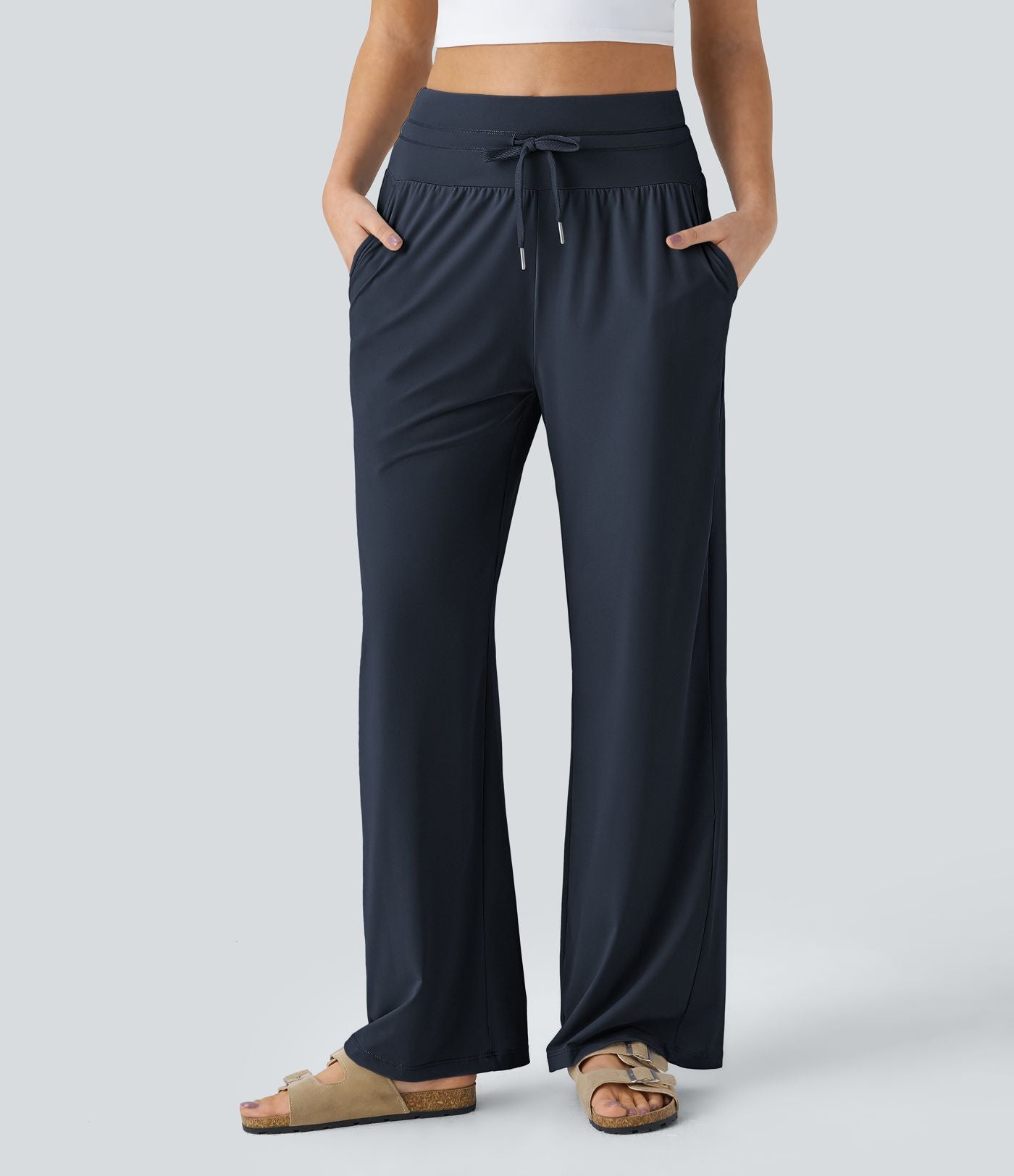Pantalon large décontracté taille haute cordon de serrage poches latérales effet frais InstantCool
