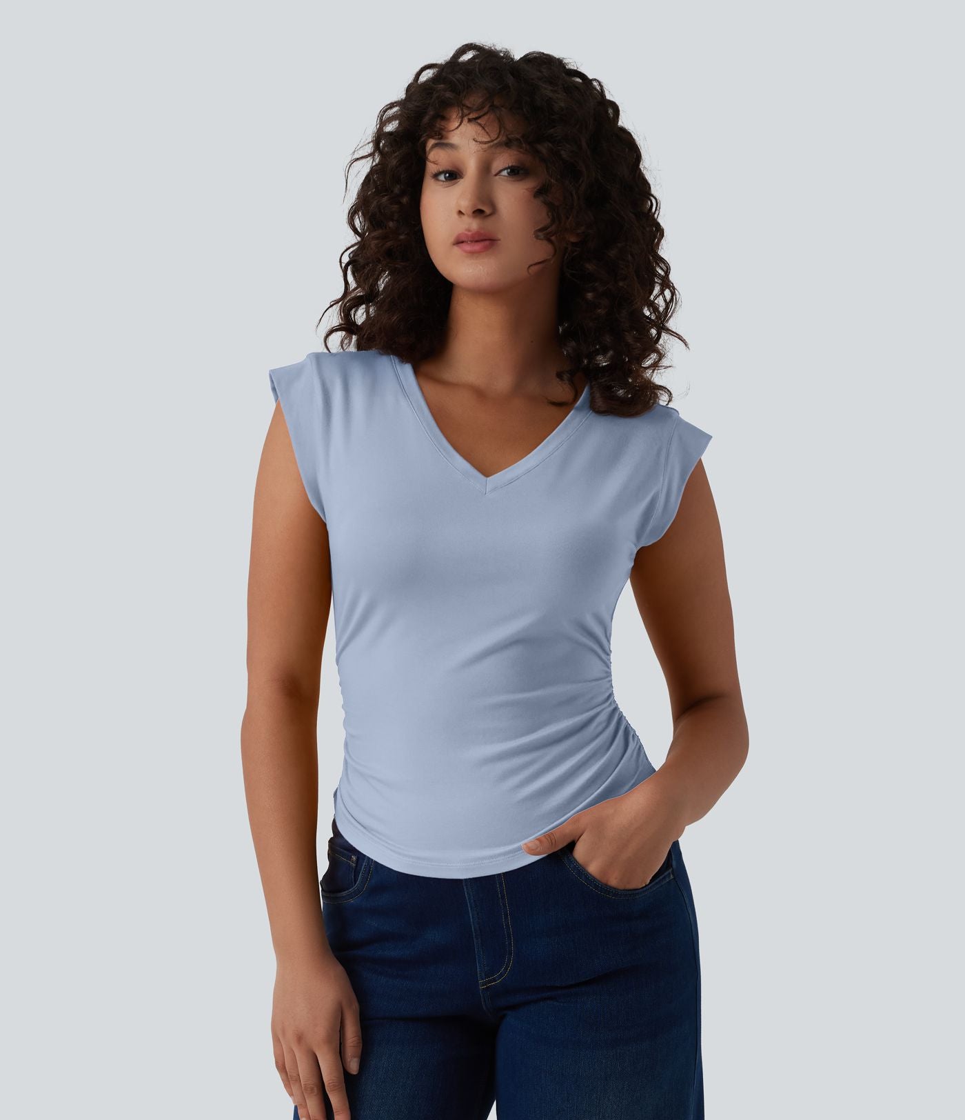 T-shirt décontracté col V manches courtes ourlet arrondi froncé