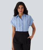 Chemise à col, manches courtes, rayures, boutonnage et aspect lin pour le travail