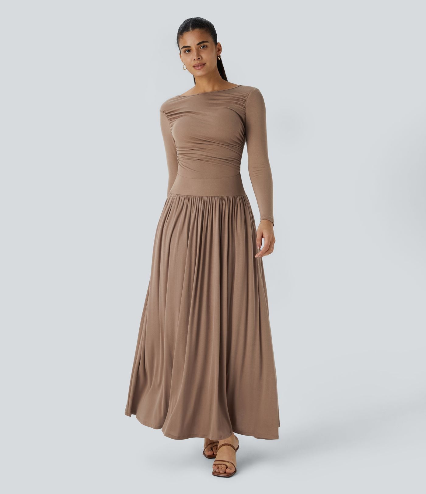 Robe Casual Maxi Fluide Encolure Bateau en Côtes avec Poches Latérales et Froncée