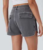 Short décontracté en denim extensible Halara Flex™ taille haute avec bouton, fermeture éclair et ourlet courbé 7,5 cm