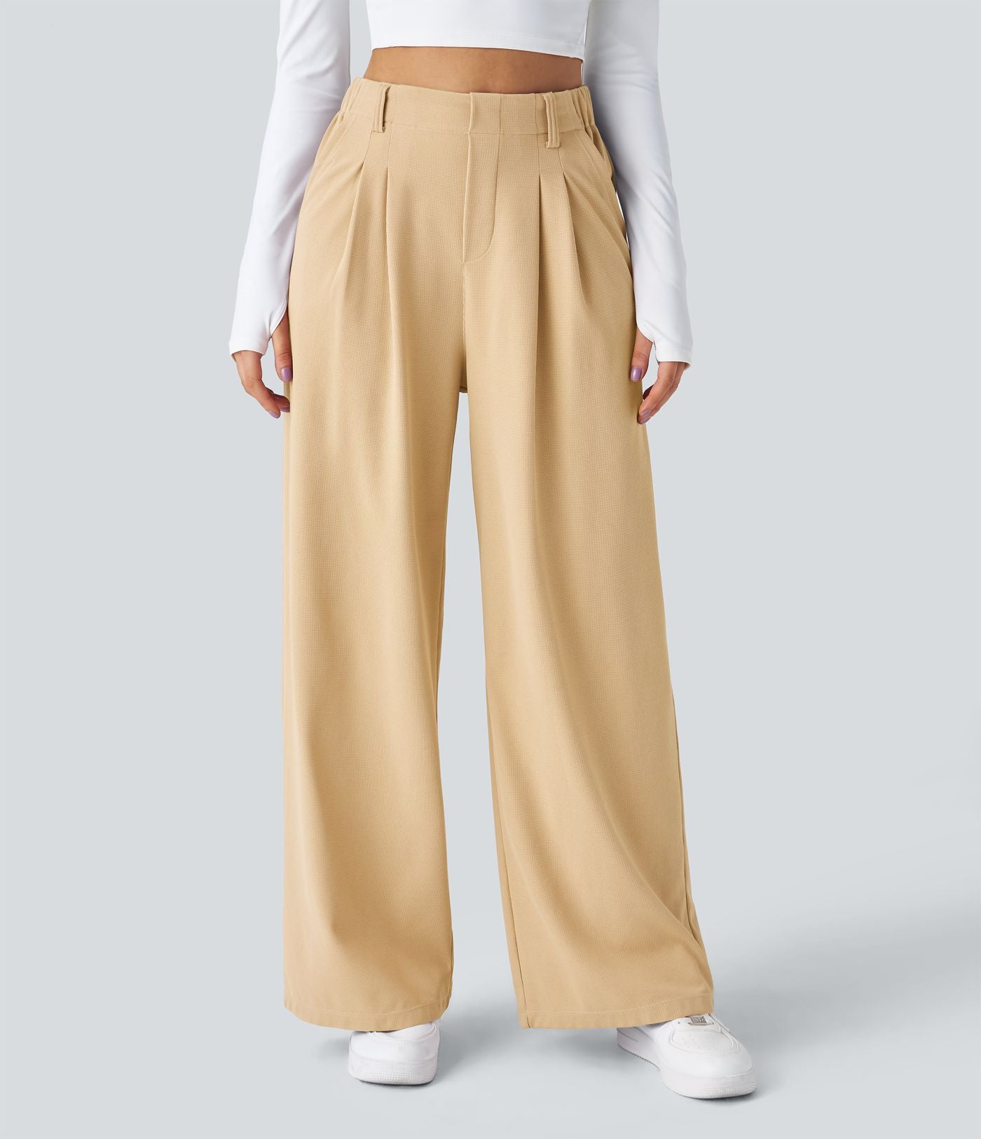 Halara Flex™ Pantalon Tailleur Large Fluide Gaufré Taille Haute Poches Latérales