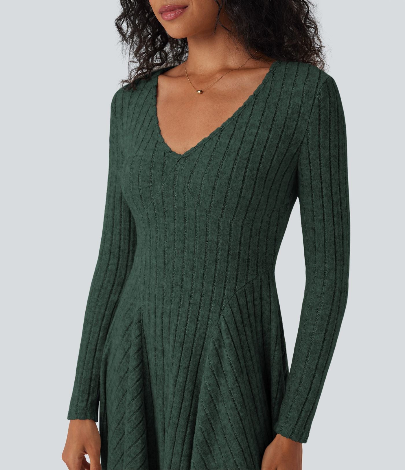 Robe décontractée mini évasée maille côtelée col V manches longues