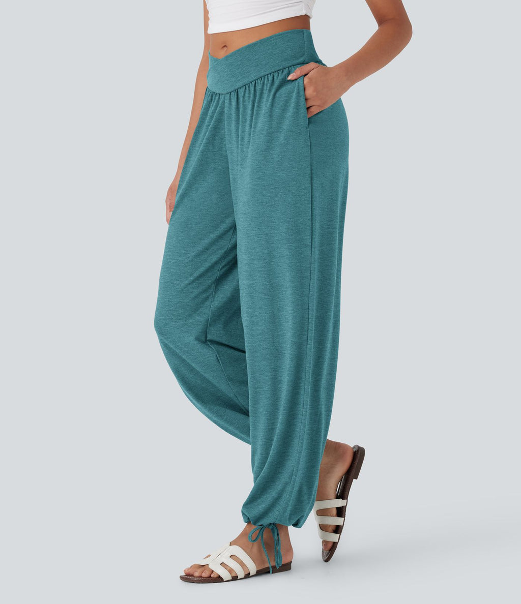 Pantalon de jogging décontracté à taille haute croisée avec poches latérales et cordon de serrage
