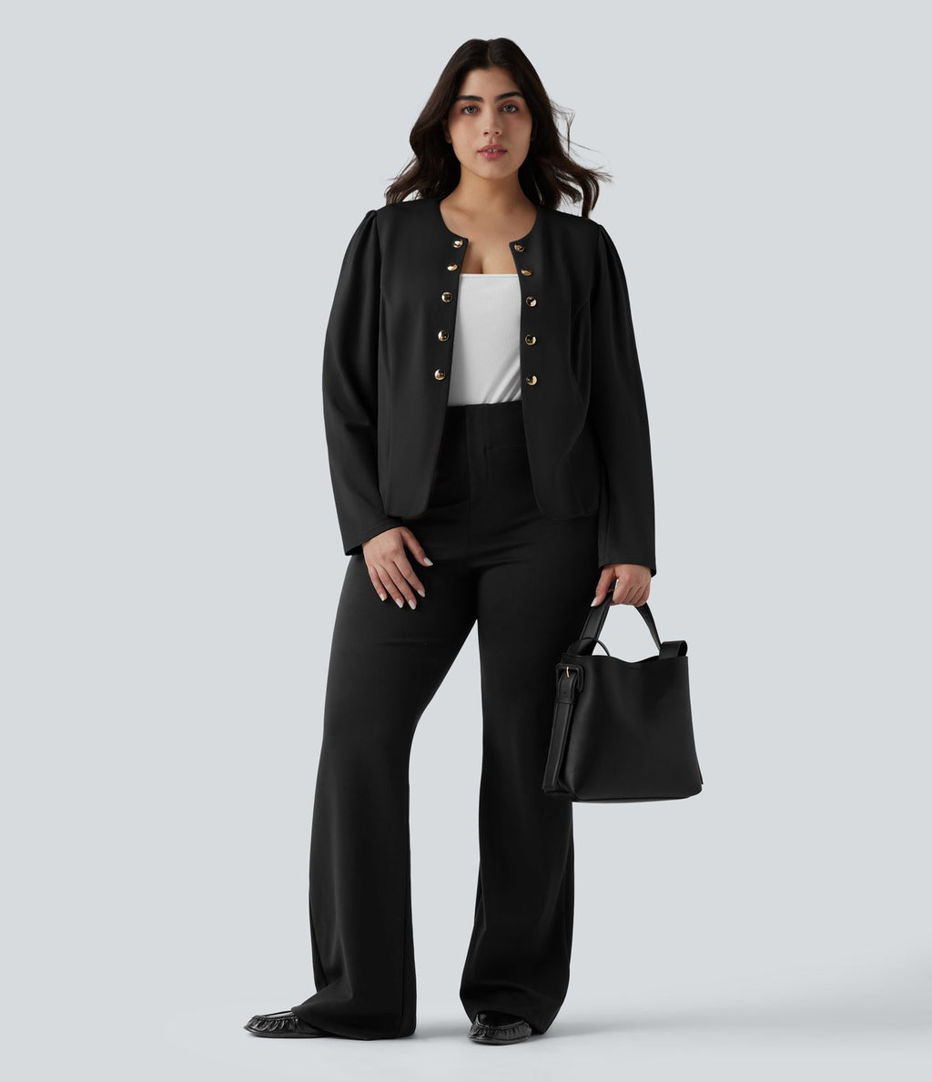 Blazer tailleur grande taille ajusté à col rond et manches longues