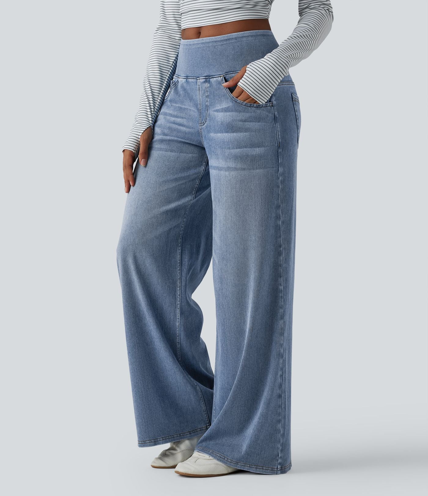 Halara Flex™ Jean large casual baggy taille mi-haute en lyocell drapé effet délavé, avec poches