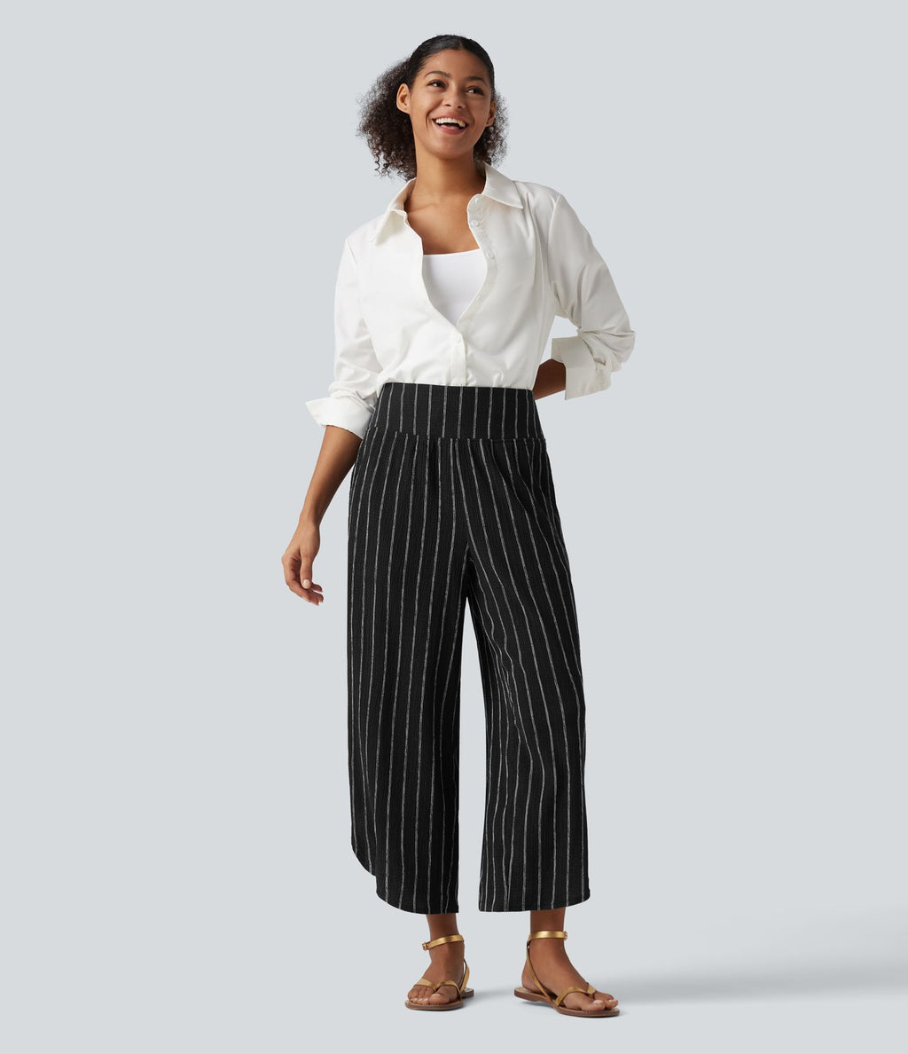Pantalon rayé taille haute avec ourlet arrondi et poches