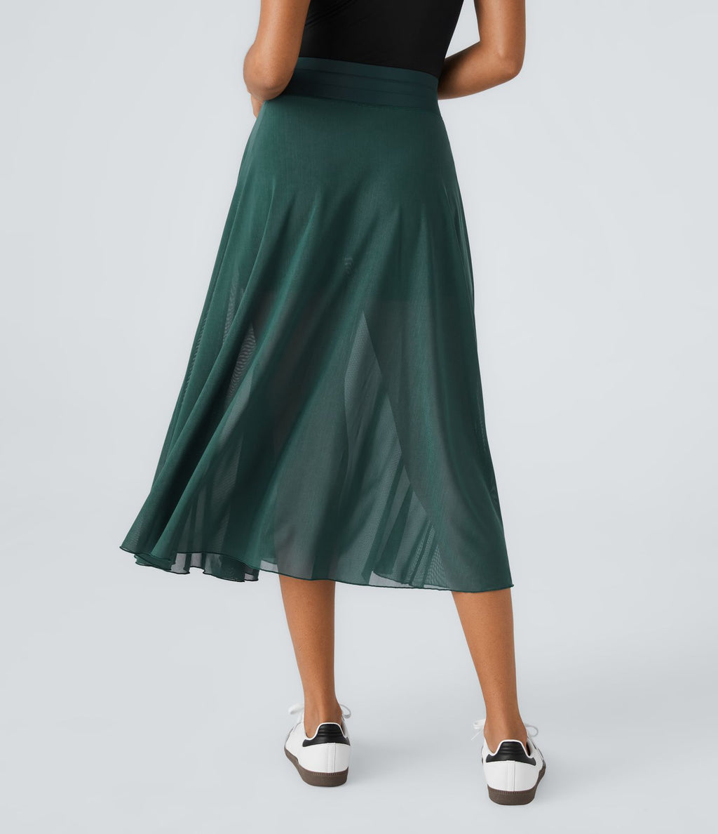 Jupe Casual Évasée Mesh Mi-Longue Fuide 2 en 1 Contrastée Taille Haute Cordon Poche Latérale
