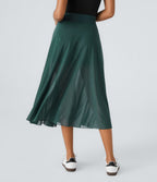 Jupe Casual Évasée Mesh Mi-Longue Fuide 2 en 1 Contrastée Taille Haute Cordon Poche Latérale