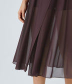 Jupe Casual Évasée Mesh Mi-Longue Fuide 2 en 1 Contrastée Taille Haute Cordon Poche Latérale