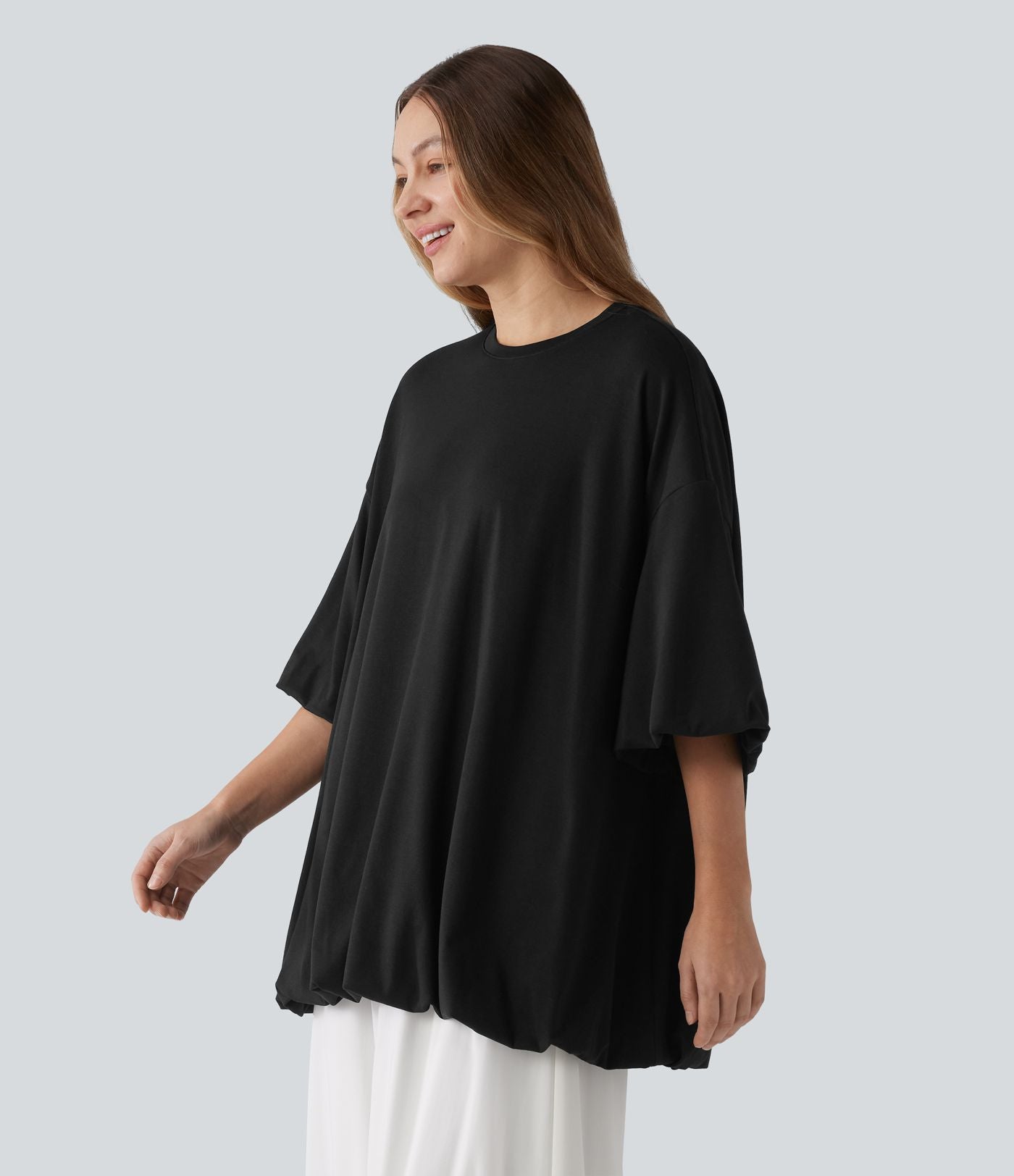 Top casual oversize col rond à manches mi-longues et ourlet boule
