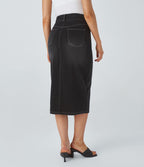 Halara Flex™ Jupe en Jean Casual Mi-Longue Délavé Extensible Plusieurs Poches Taille Haute