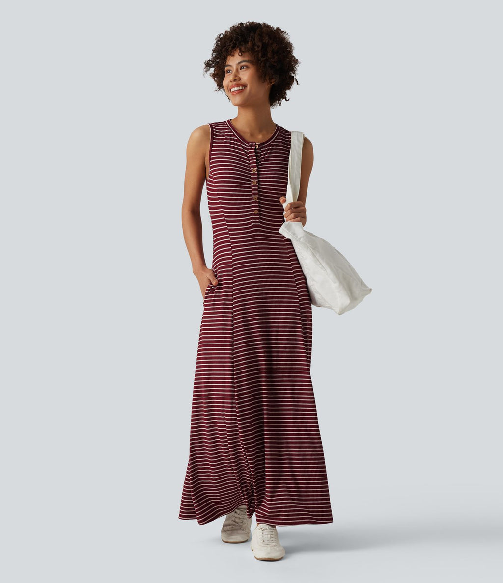 Robe longue fluide casual Henley sans manches à rayures avec poches