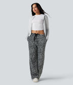 Pantalon large molleton imprimé léopard taille mi-haute avec cordon de serrage et poches