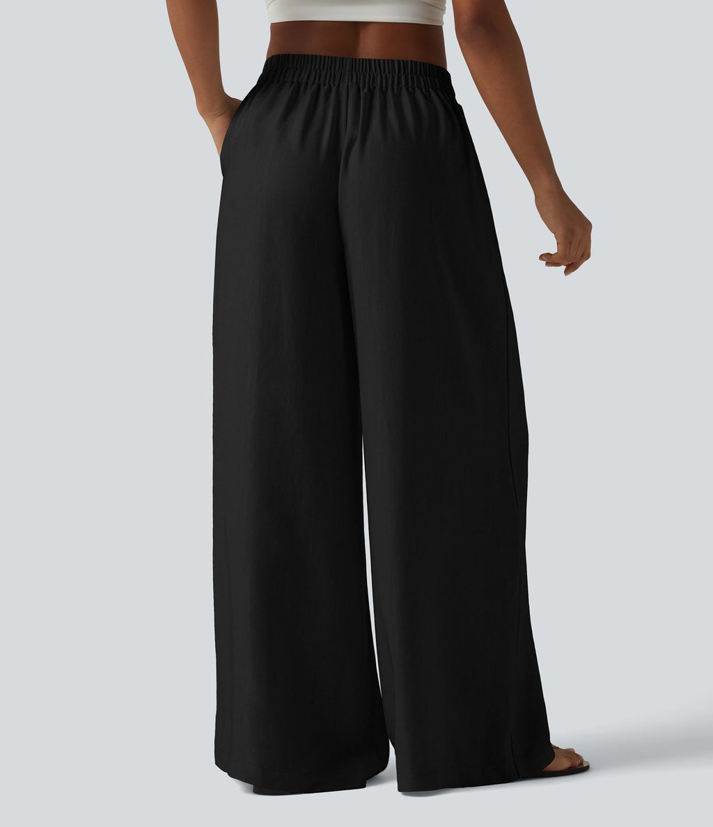 Pantalon large fluide taille haute en lin mélangé avec poches et liens latéraux