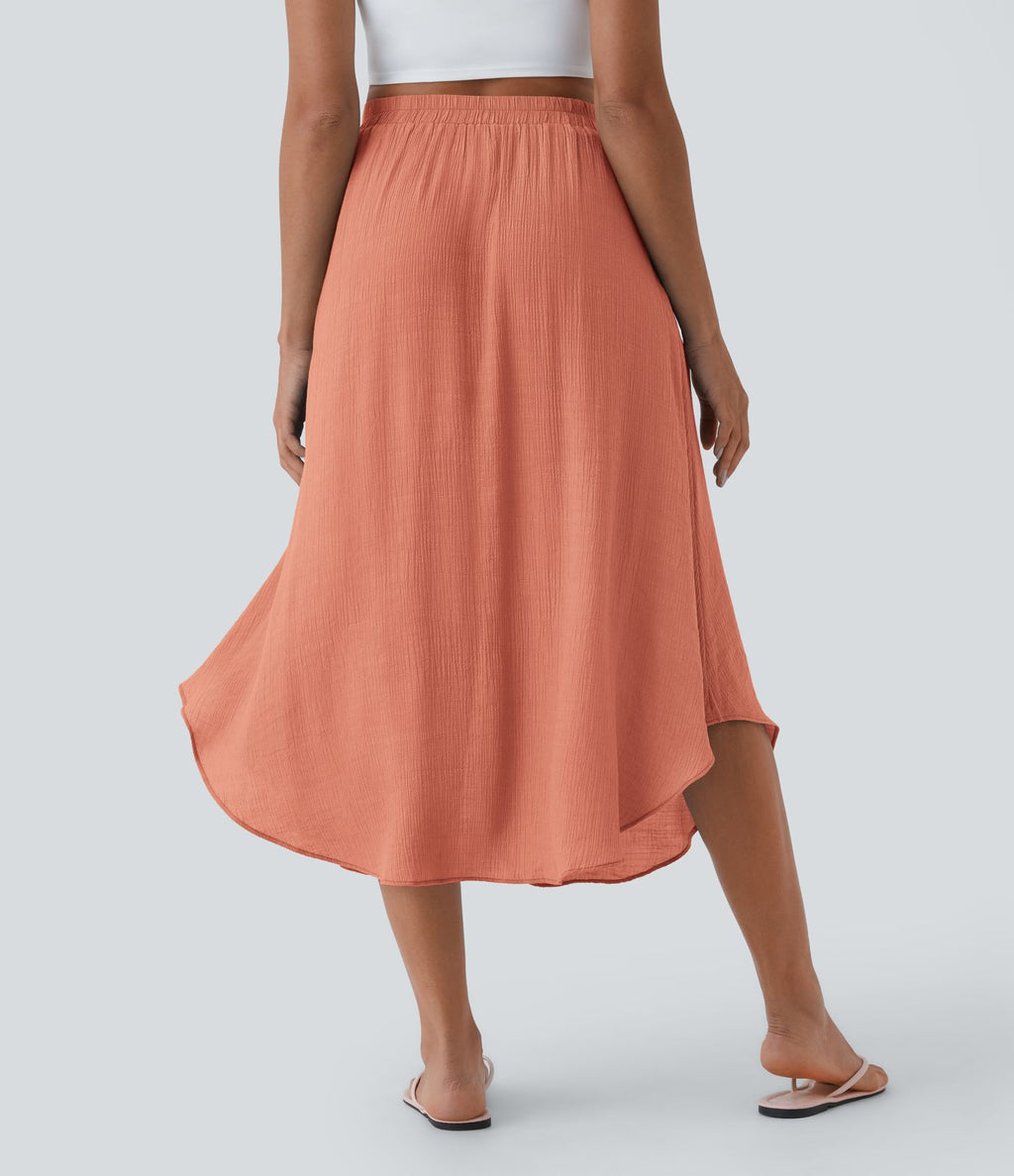 Jupe Midi Fluide Taille Haute Cordon de Serrage Boutonnés Poches Latérales