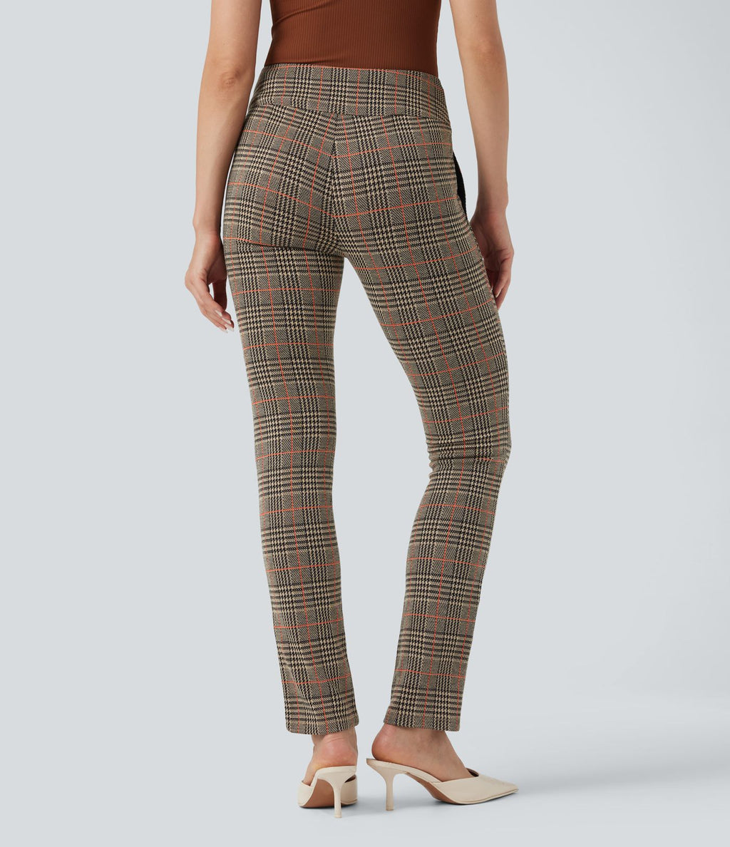Halara Flex™ Pantalon tailleur Cintrés à Taille Haute avec Boutons Décoratifs Poches Latérales et Imprimé Pied-de-Poule