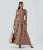 Robe Casual Maxi Fluide Encolure Bateau en Côtes avec Poches Latérales et Froncée