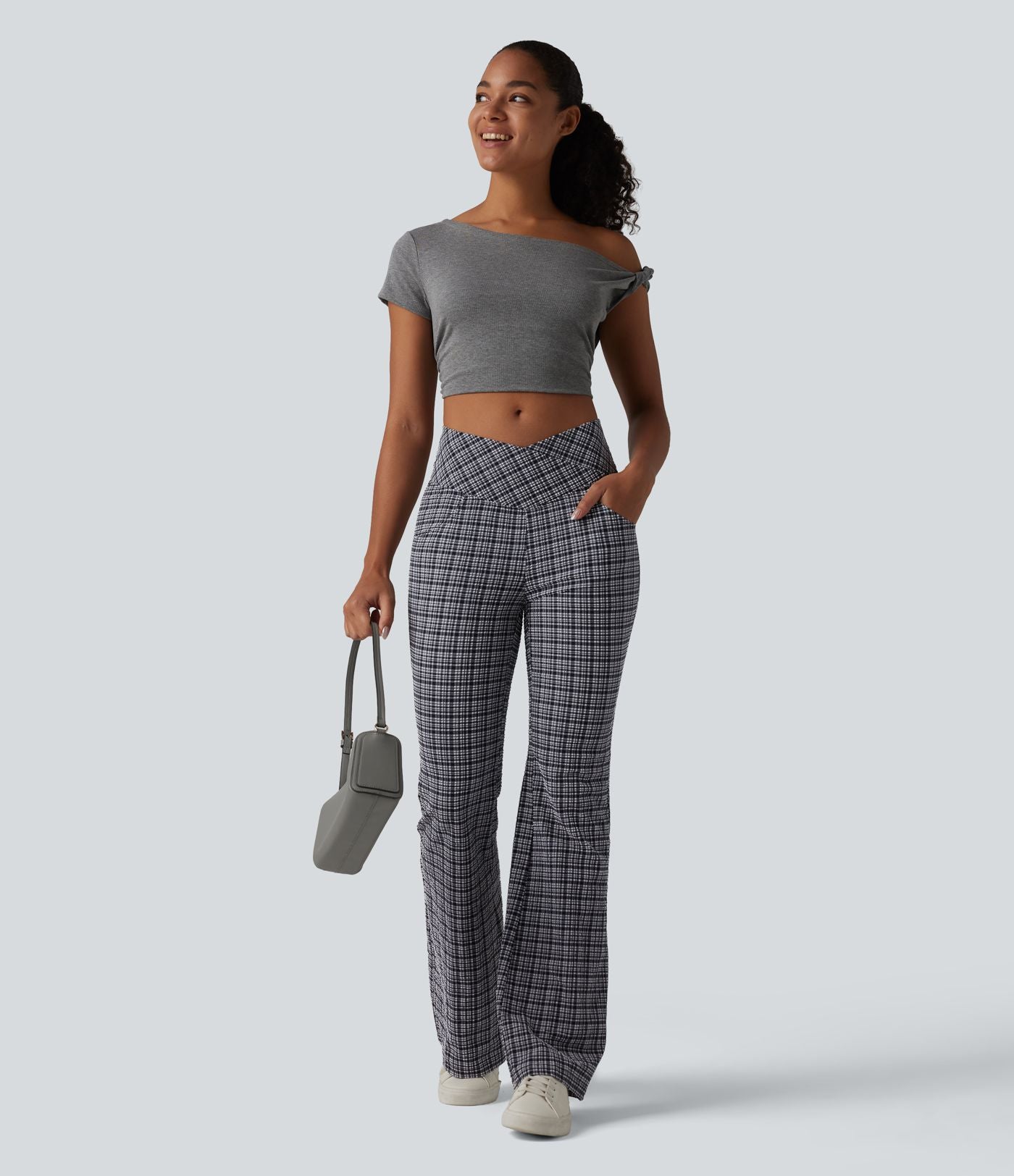 Pantalon évasé taille haute croisée ventre plat à carreaux en tissu froissé séchage rapide avec poches