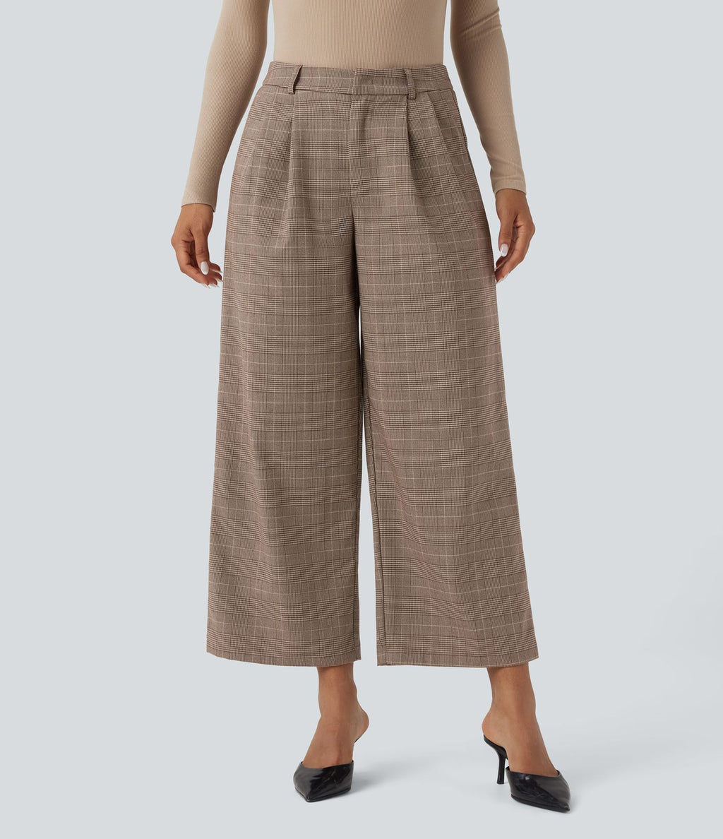 Pantalon de travail Halara Flex™ 7/8 droit à carreaux pied-de-poule, taille mi-haute, avec poches