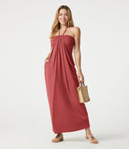 Robe longue chinée dos-nu à nouer, brassière intégrée, à poches