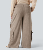 Pantalon cargo décontracté grande taille, ample, côtelé, taille mi-haute, à cordon, avec poches